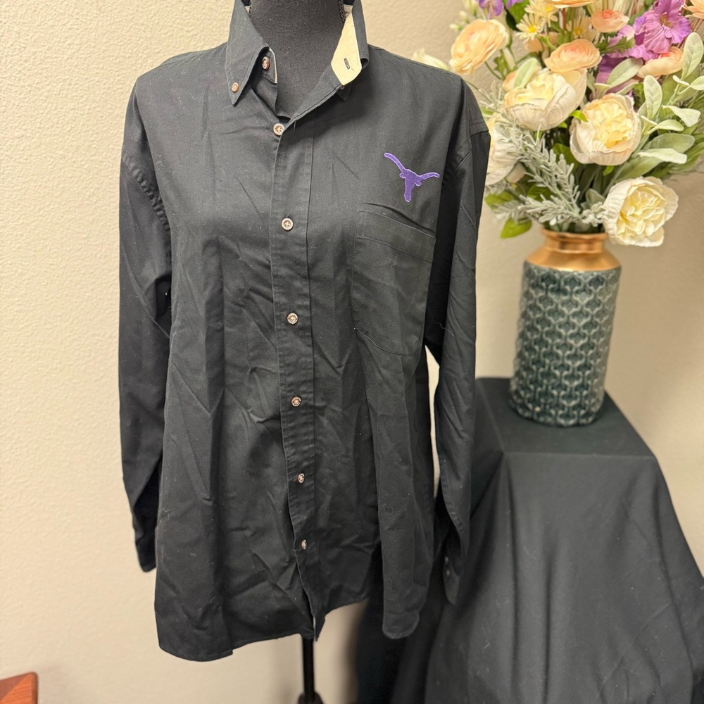 Harriton Long Sleeve Button-Down Shirt with Purple Longhorn Logo – Size L